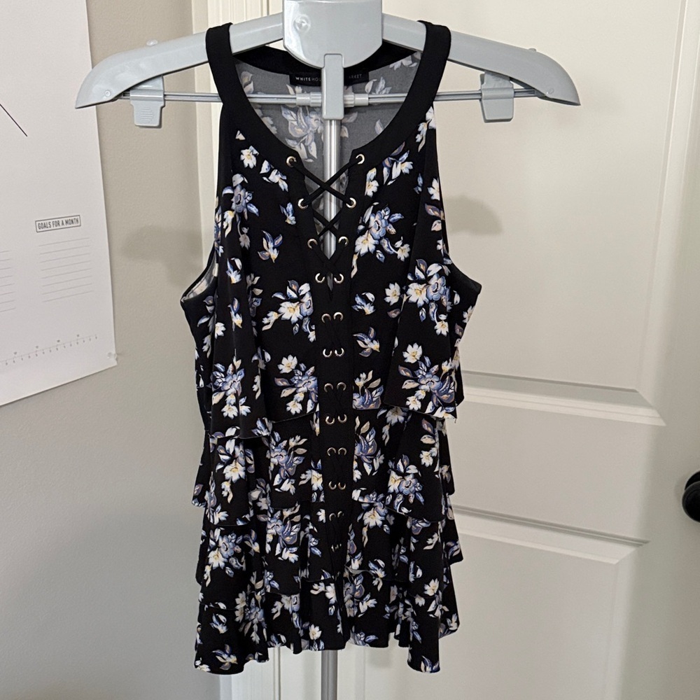 White House Black Market Black and White Floral Lace-Up Blouse
